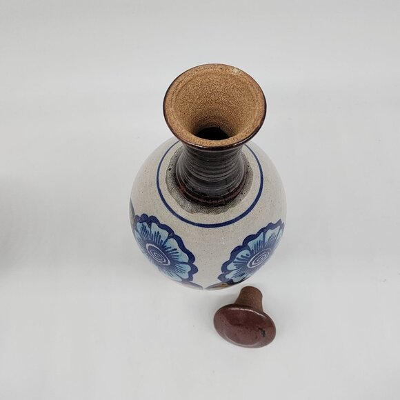 Studio Pottery Decanter and 4 Cups Blue Flowers Backstamped Fish VTG - Picture 4 of 11